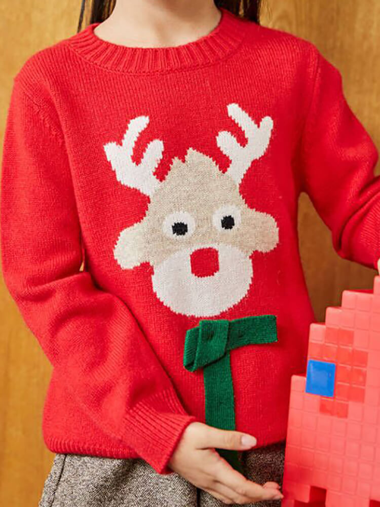 Kids Christmas Reindeer Cashmere Sweater with 3D Bow